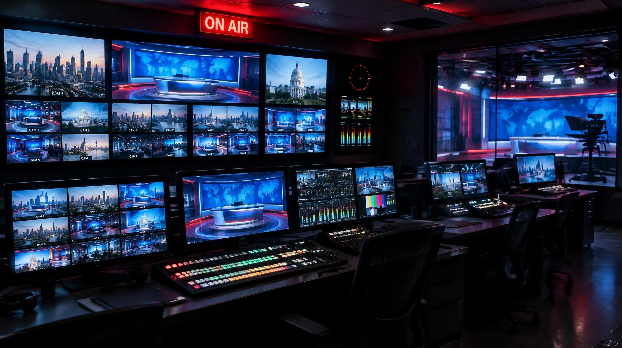 TV control room with broadcast monitors during a live news show